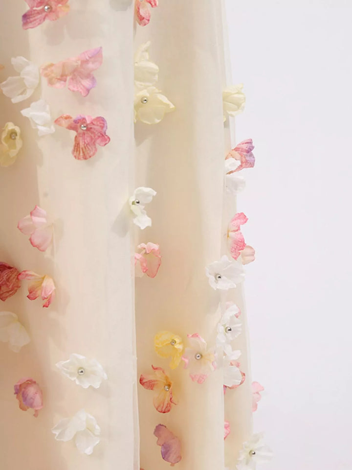 Strapless tulle maxi dress with 3D floral appliques