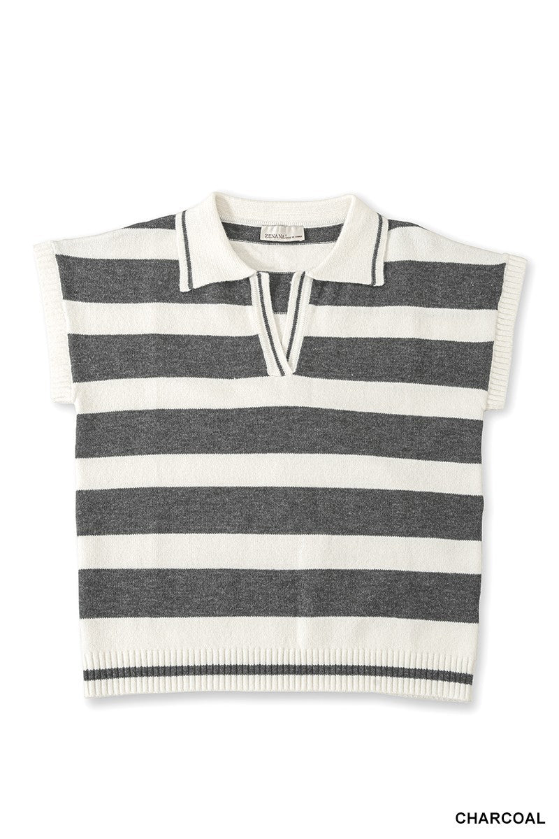 Striped short sleeve knit polo sweater with open collar