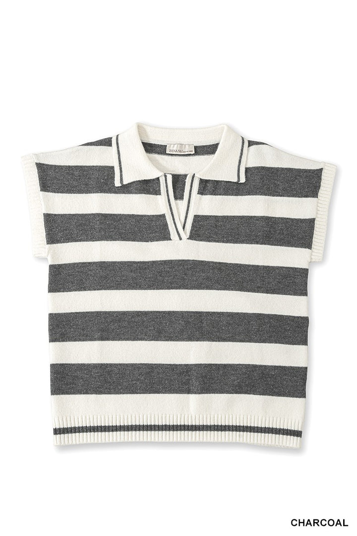 Striped short sleeve knit polo sweater with open collar