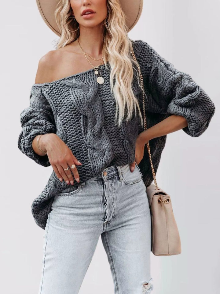 Grey Oversized chunky cable knit pullover with wide boat neck