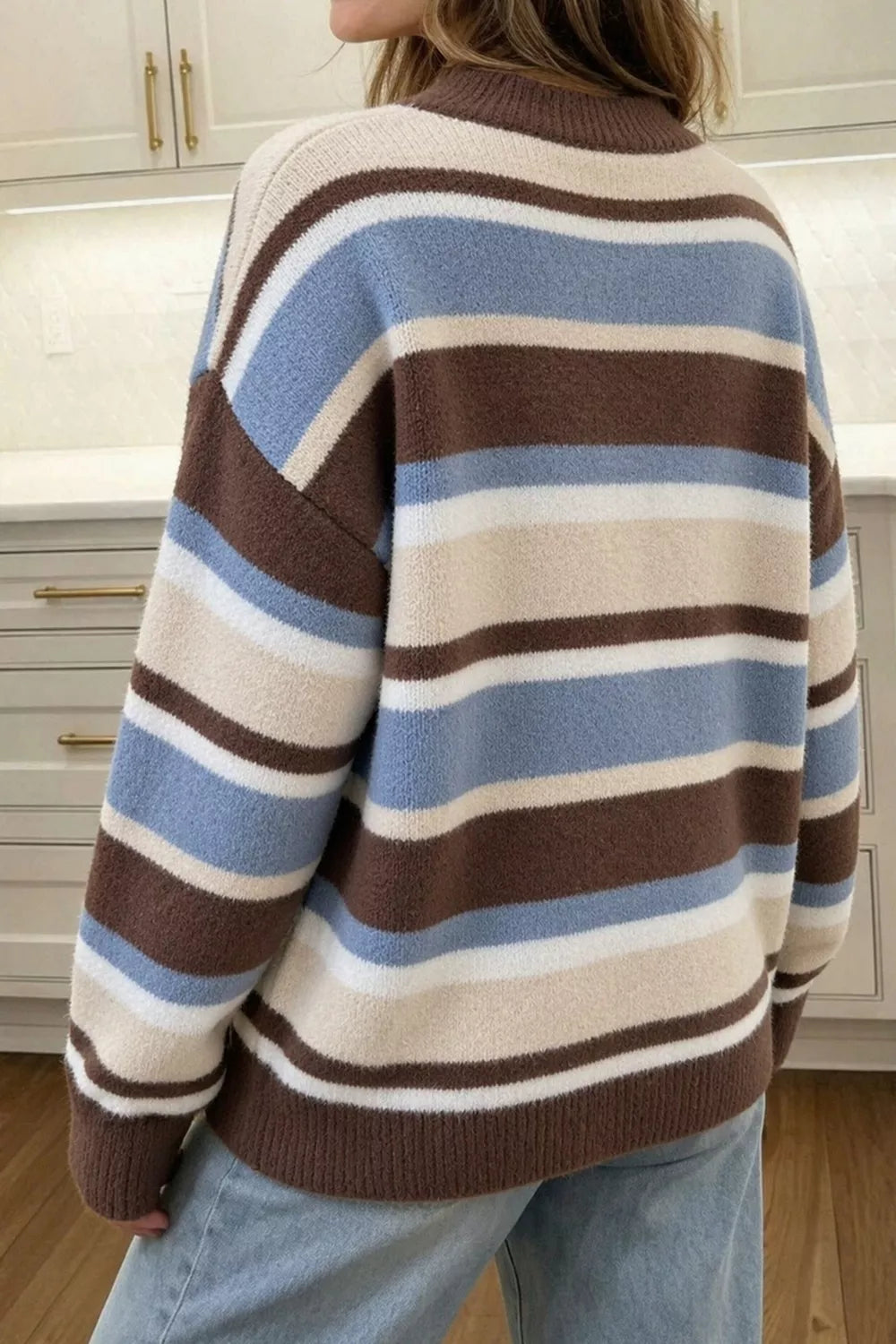 Striped drop shoulder mock neck pullover sweater