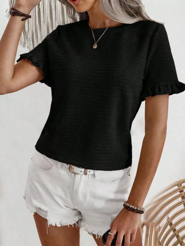 Ruffle-cuff crew neck top with crinkle texture