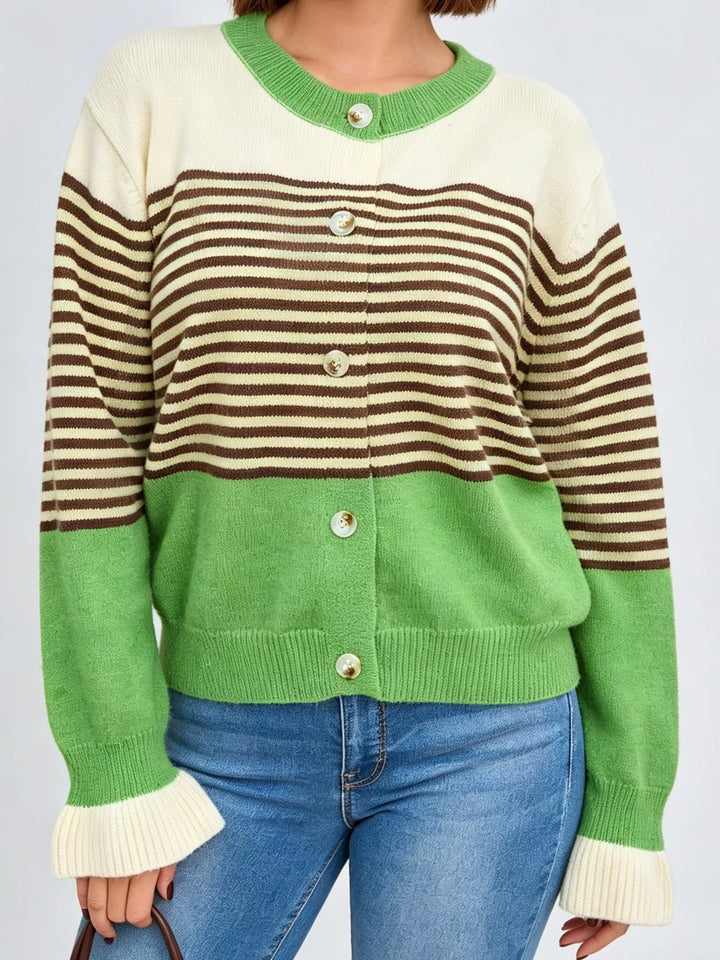 Green Striped color block button-up cardigan with ruffle cuffs