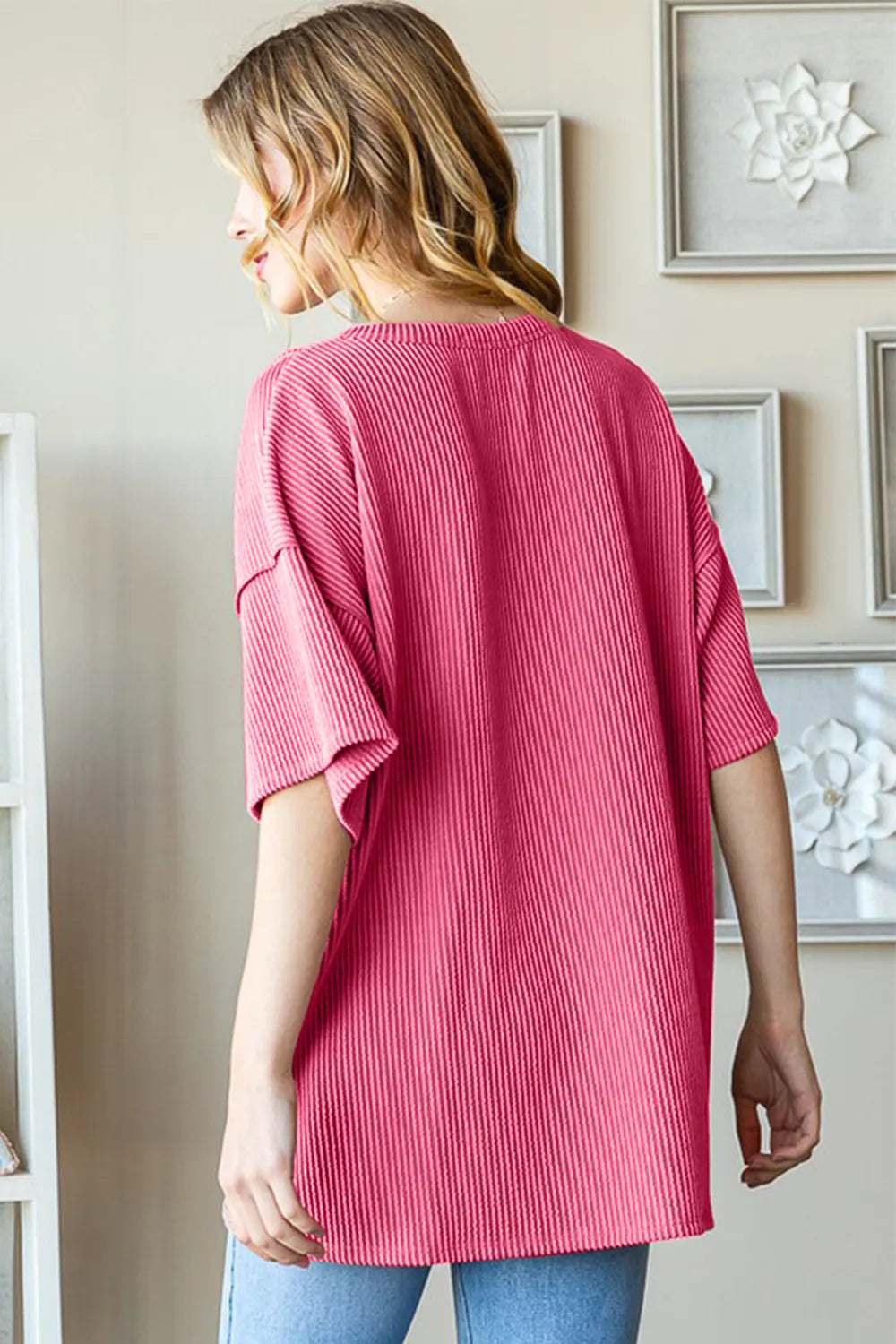 Ribbed half-button drop-shoulder short sleeve top