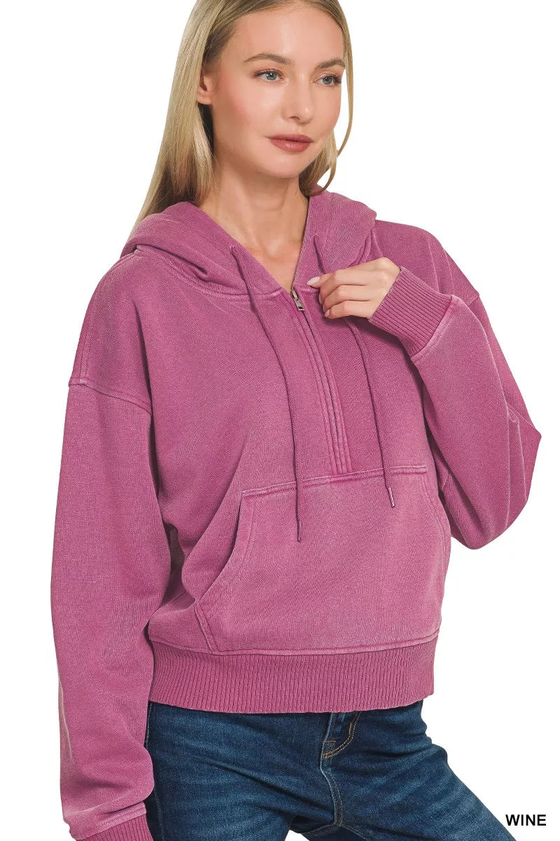 Pigment-dyed fleece half-zip hoodie with kangaroo pocket