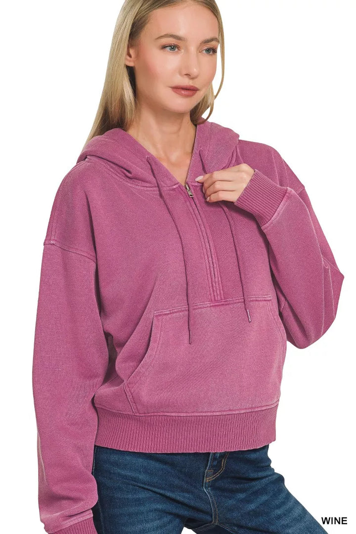 Pigment-dyed fleece half-zip hoodie with kangaroo pocket
