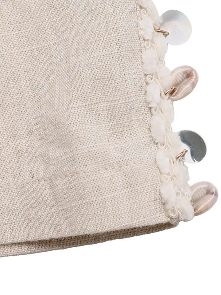 Linen-blend wide leg drawstring pants with shell trim