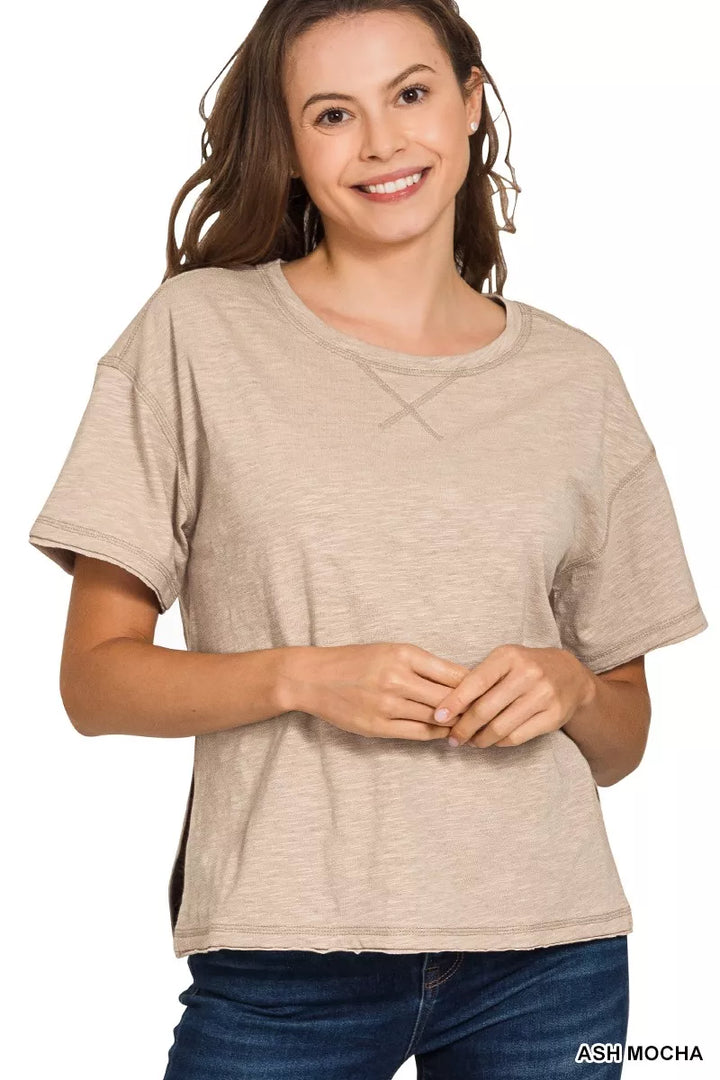 ASH MOCHA Relaxed drop-shoulder cotton slub crew neck tee