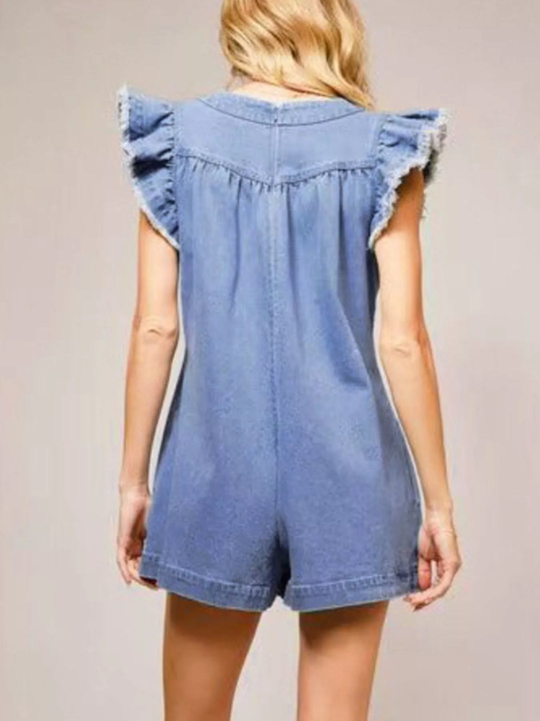 Ruffle sleeve denim romper with tie front and pintuck pleats