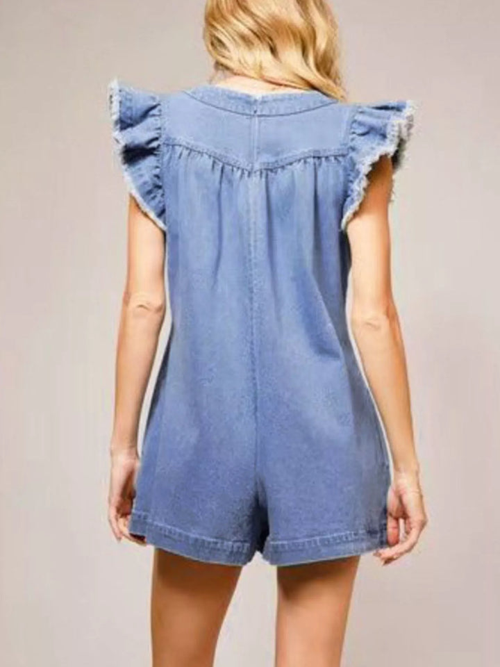 Ruffle sleeve denim romper with tie front and pintuck pleats