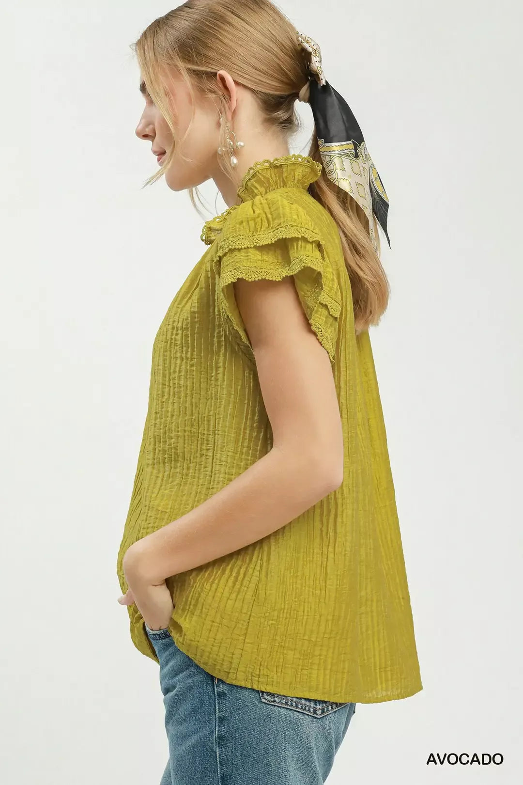 Double ruffle cap sleeve split V-neck top with lace trim