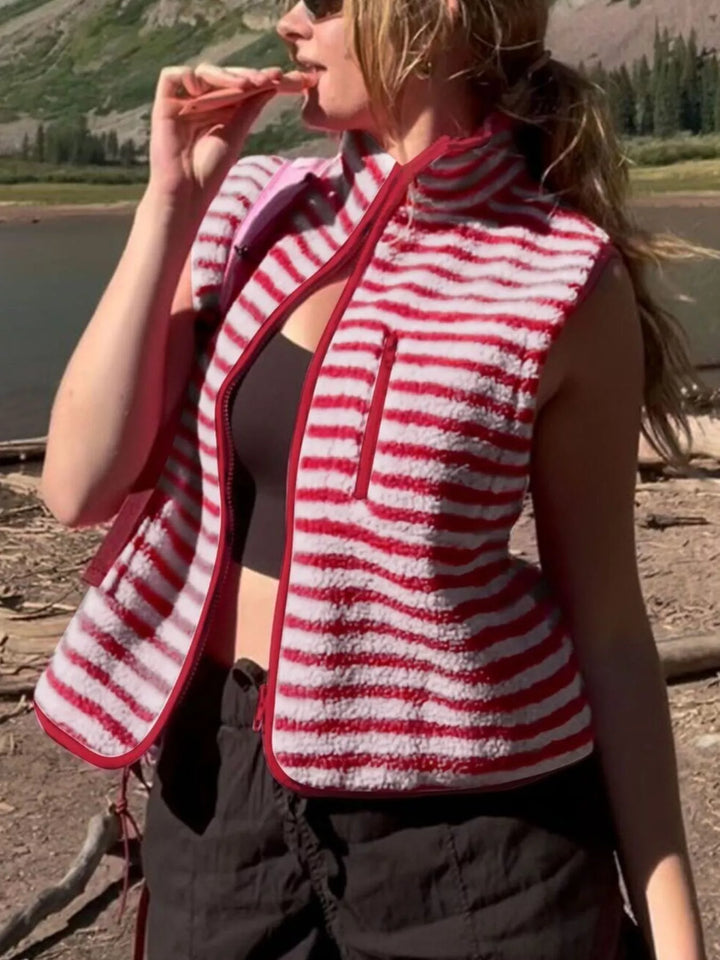 Striped fleece zip-up vest with stand collar