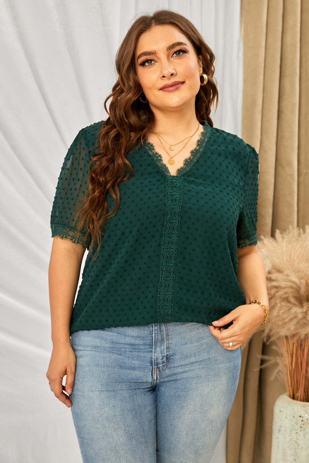 Plus size Swiss dot blouse with crochet lace V-neck