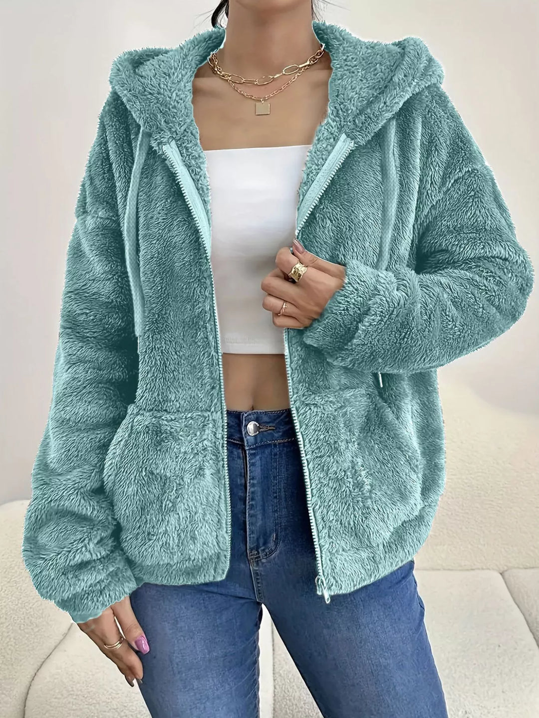 Turquoise Fuzzy fleece hooded zip-up jacket with front pockets