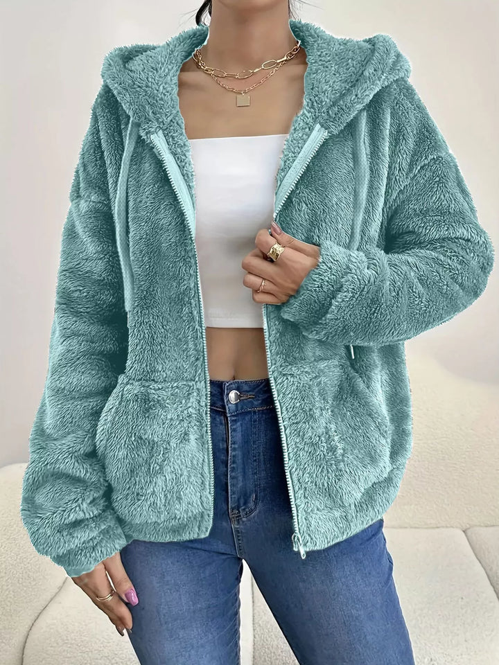 Turquoise Fuzzy fleece hooded zip-up jacket with front pockets