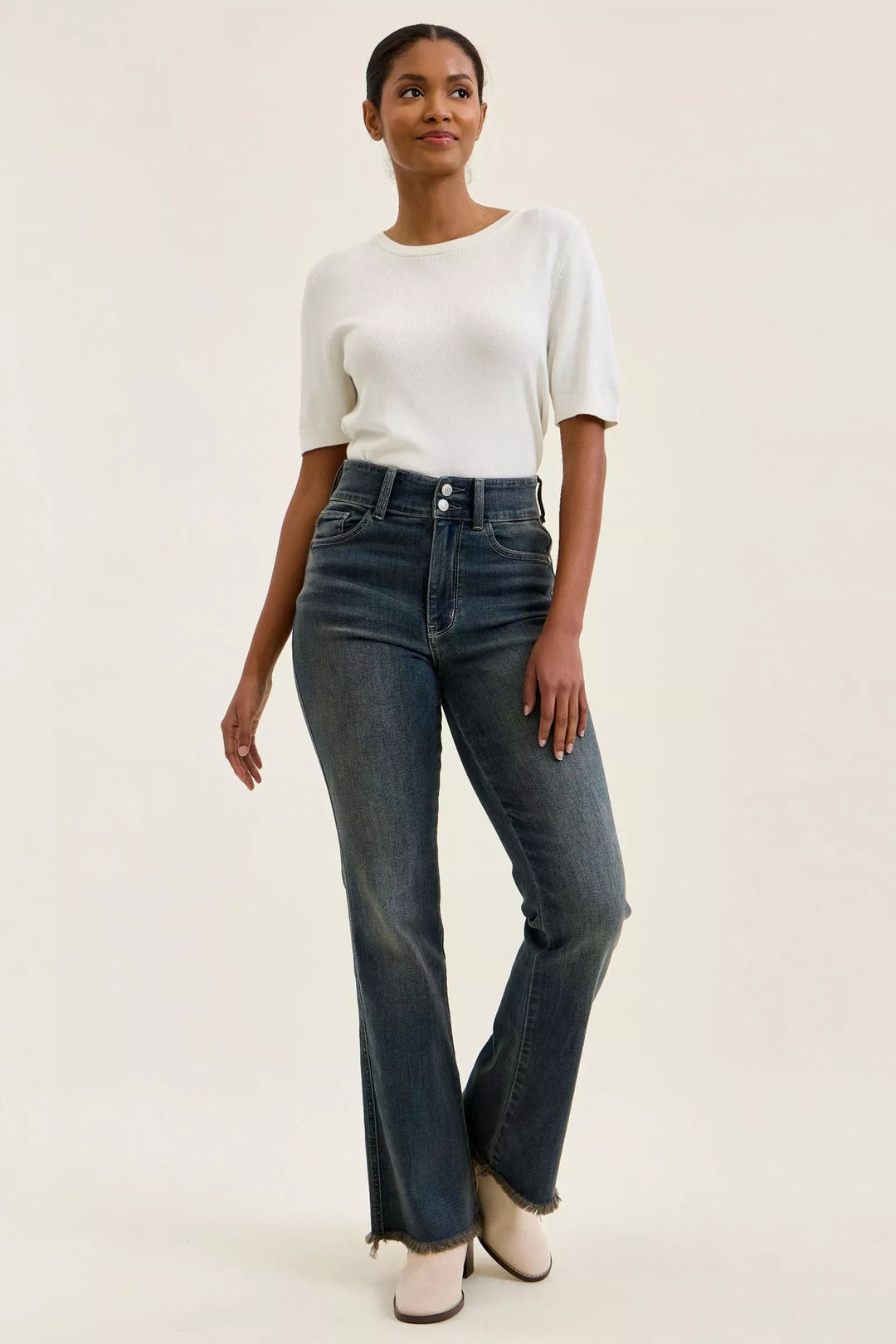 High-rise double-button frayed hem flare jeans