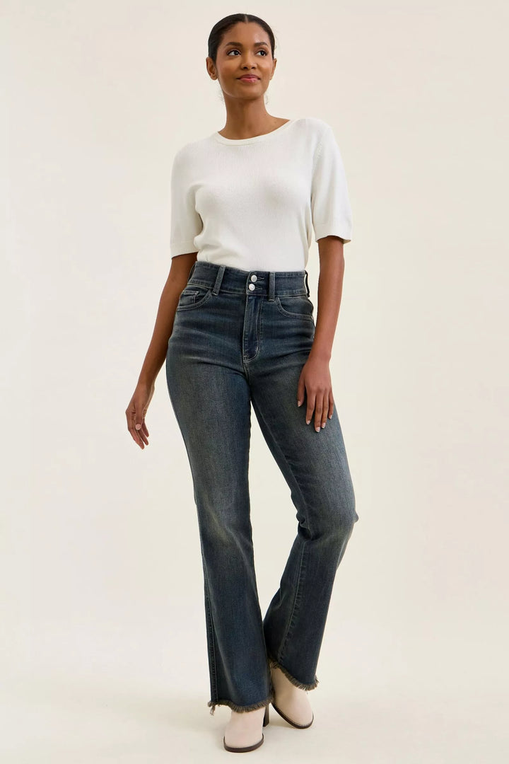 High-rise double-button frayed hem flare jeans