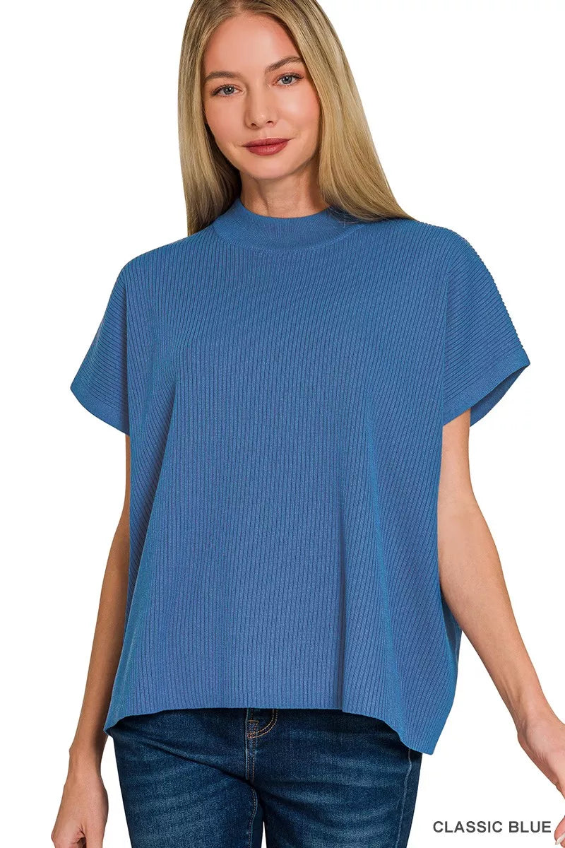 CLASSIC BLUE Ribbed mock neck short sleeve boxy sweater