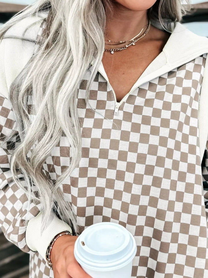 Checkered quarter-zip pullover sweatshirt with collar