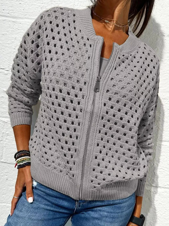 Light Gray Open-knit zip-up bomber cardigan with ribbed trim
