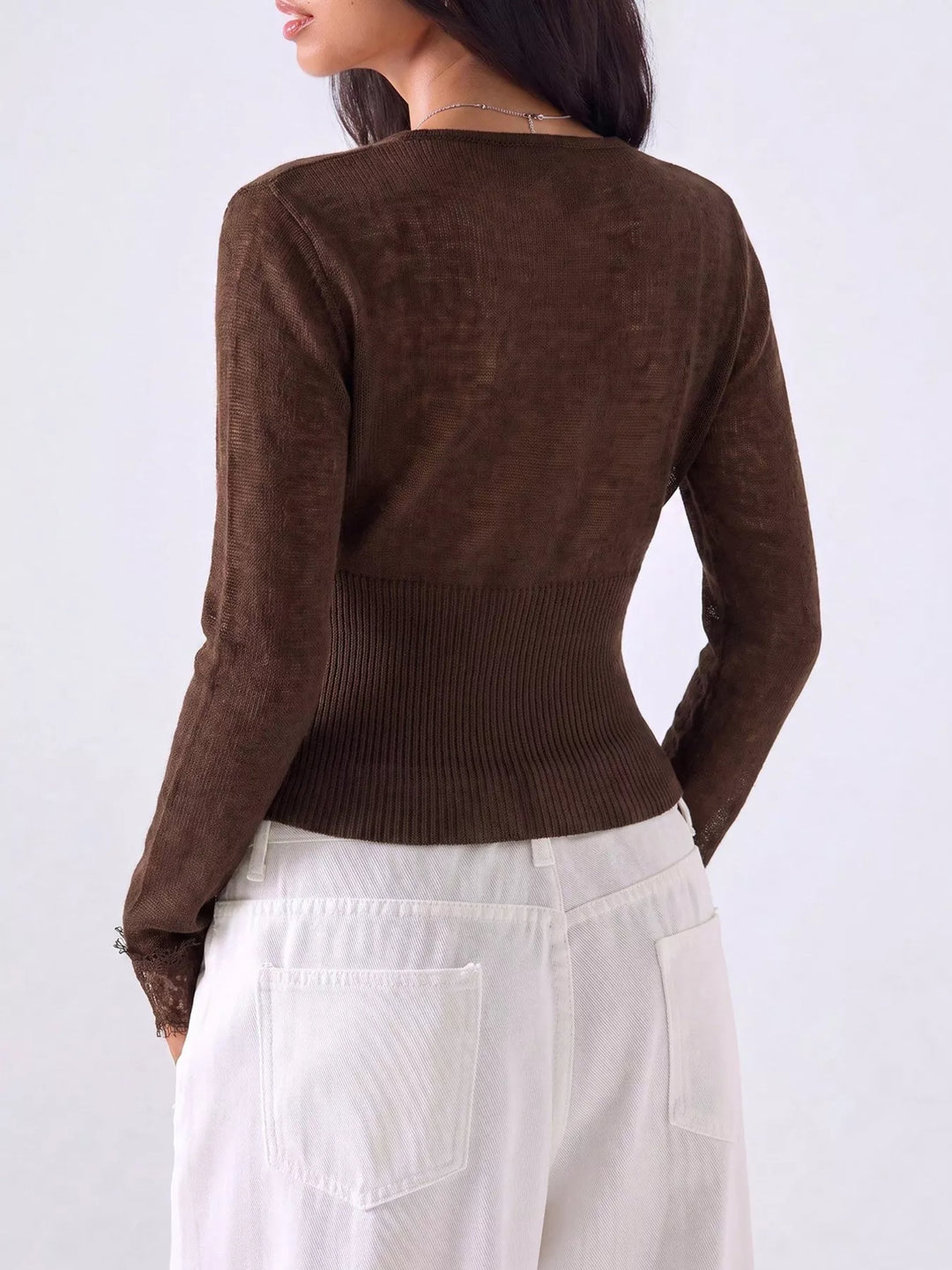 Lace-trim deep V-neck button-front cropped knit cardigan