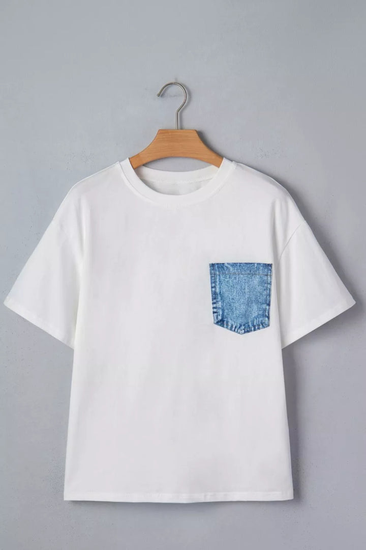 Denim chest pocket relaxed cotton crew neck tee