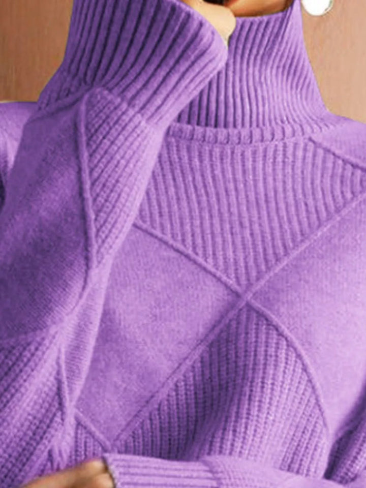 Textured argyle knit turtleneck sweater with ribbed cuffs