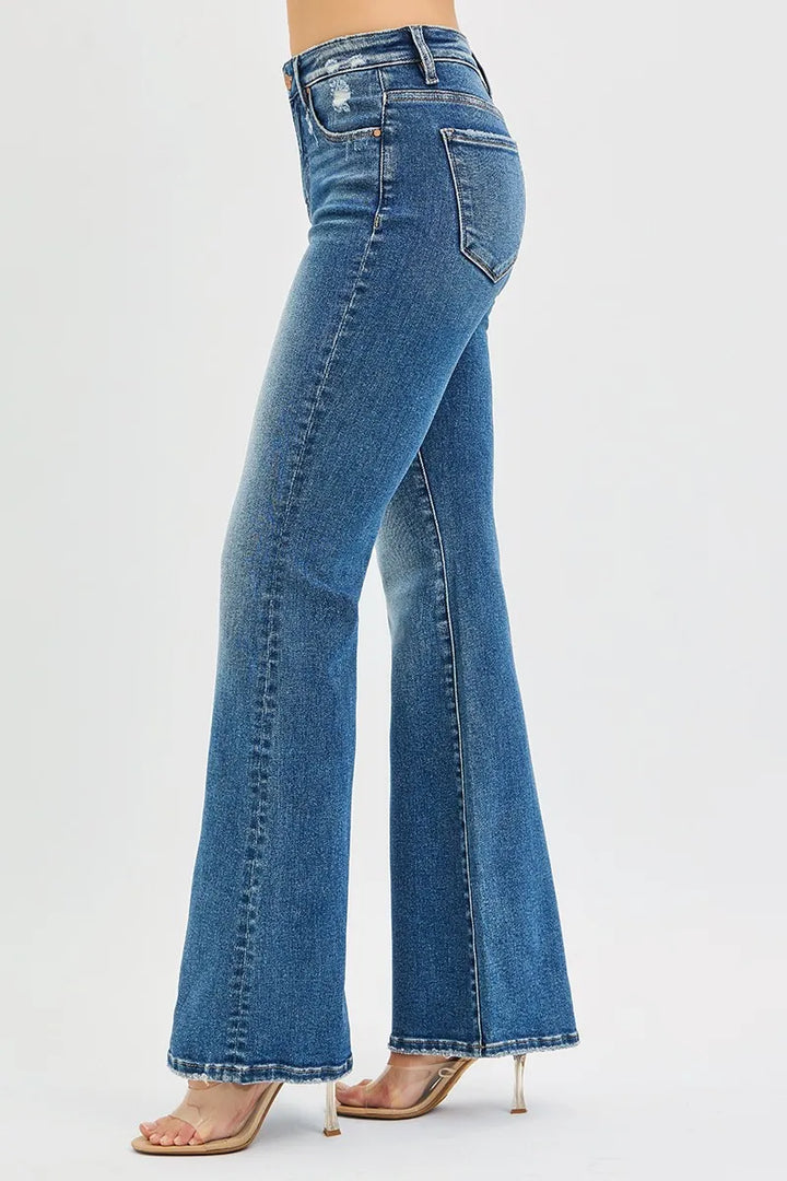 High-rise tummy control flare jeans with distressed waist