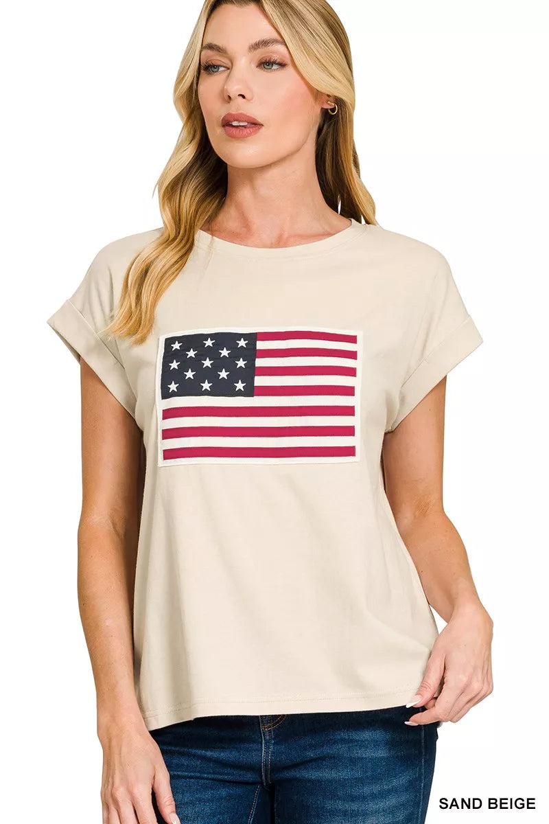 SAND BEIGE American flag crew neck short sleeve cotton tee