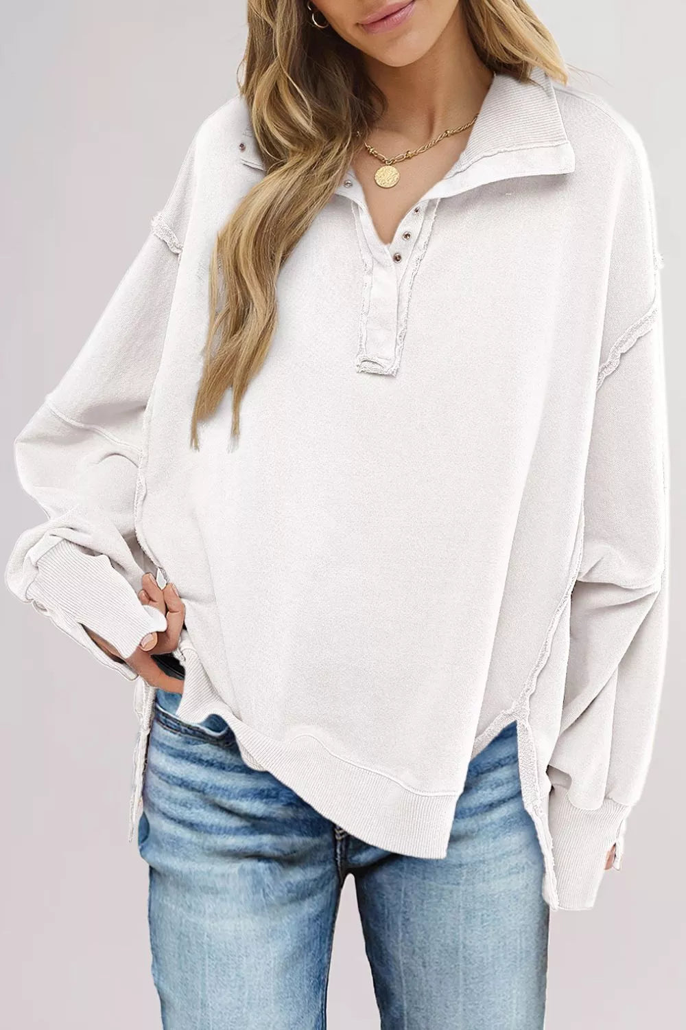 Buttoned collar raw seam high-low baggy sweatshirt with slits