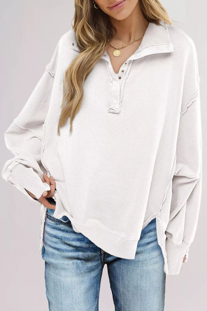 Buttoned collar raw seam high-low baggy sweatshirt with slits
