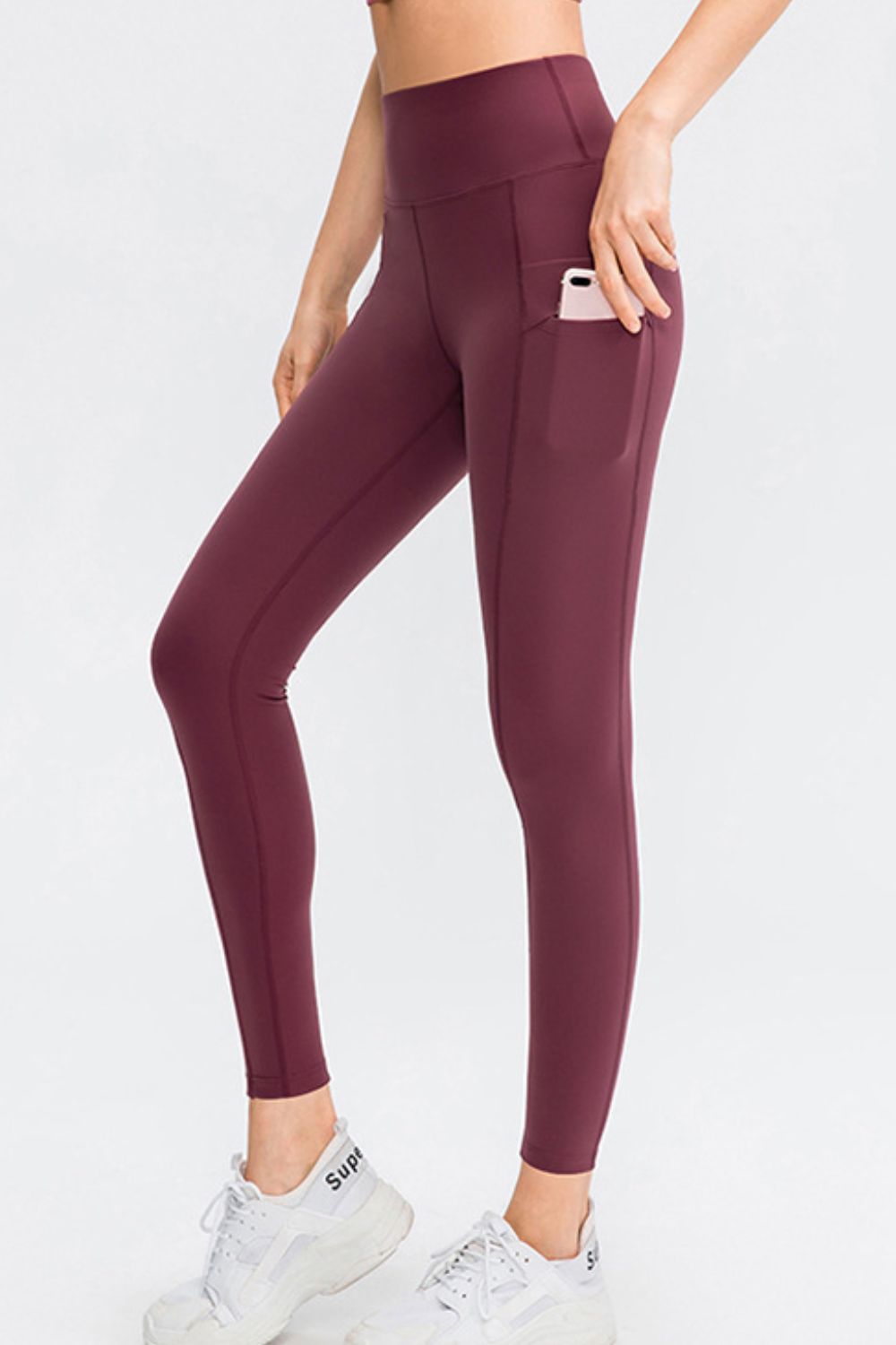 Wine Wide waistband high-rise leggings with side phone pocket