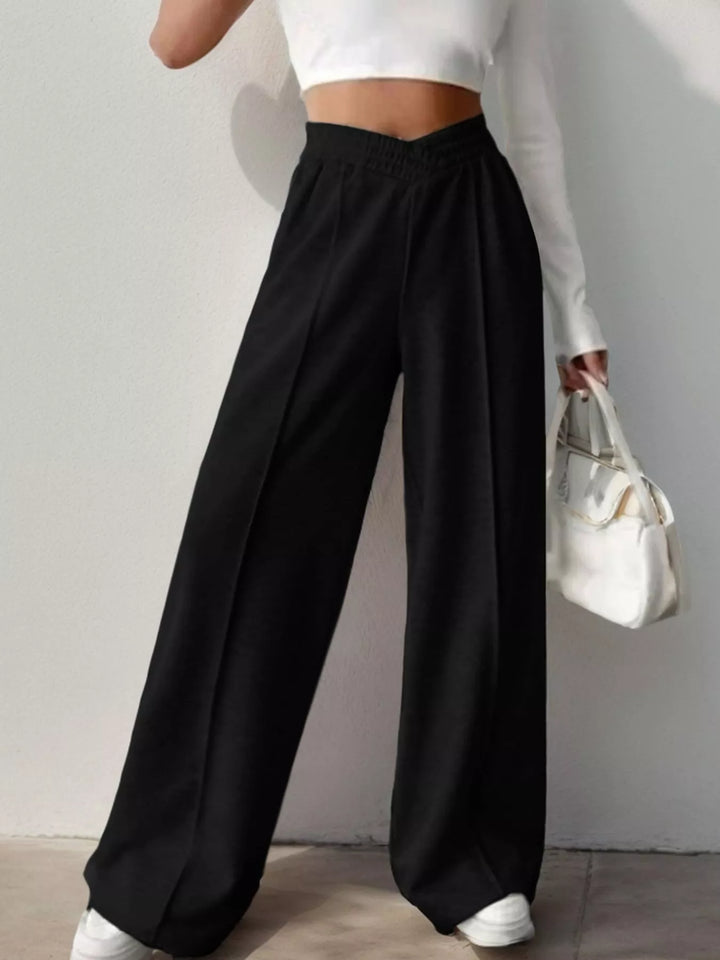 Black High waist wide leg pull-on pants with V-notch waistband