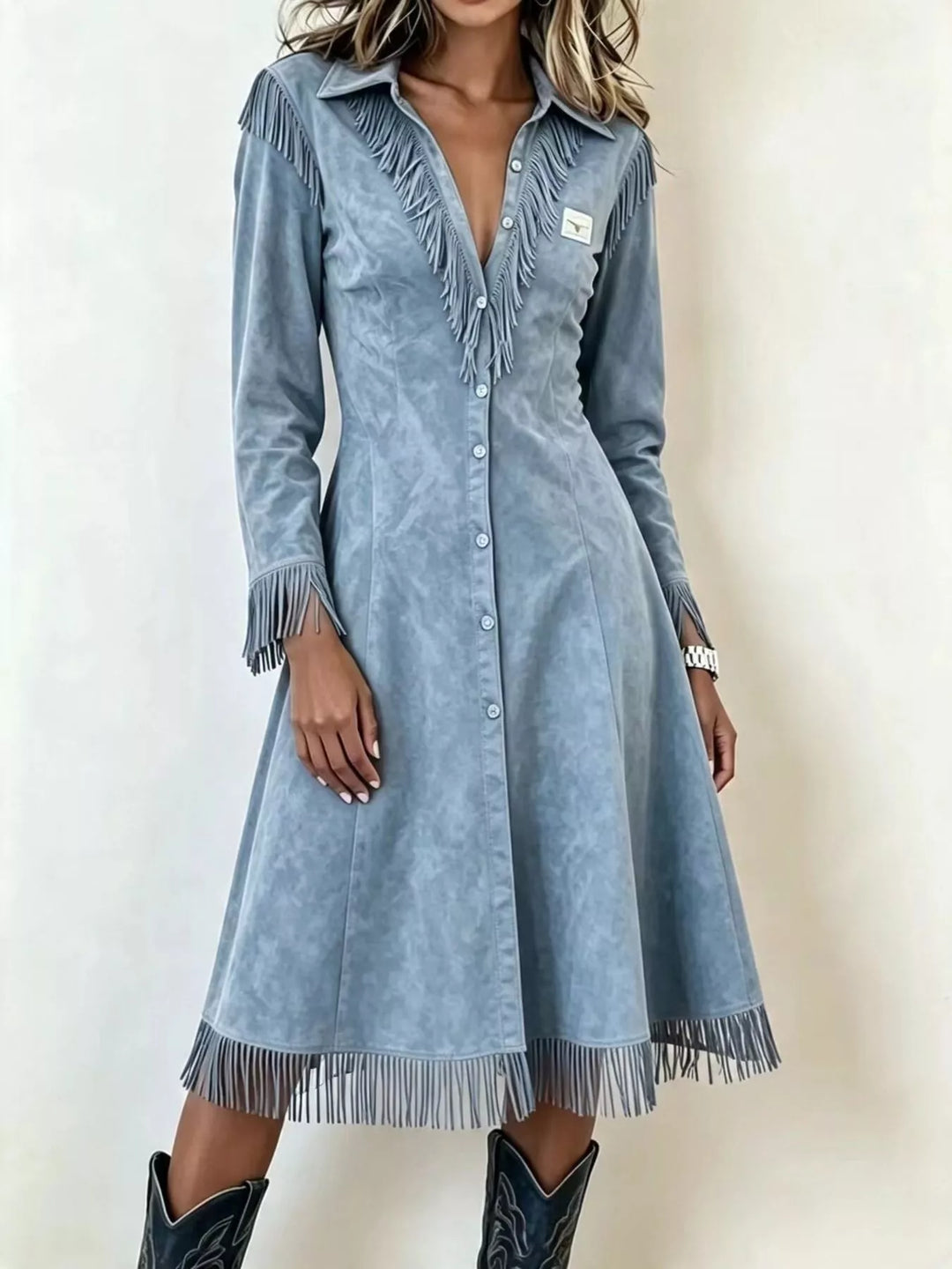 Fringe-trim faux suede button-down midi shirt dress