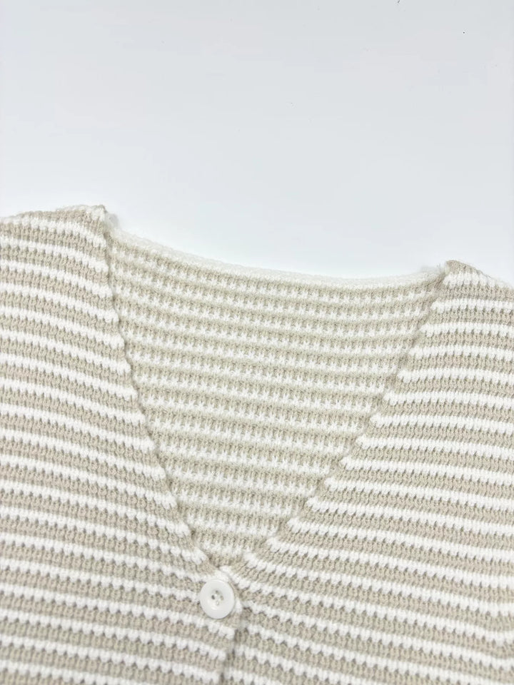 Striped button-front cropped knit vest with deep V-neck
