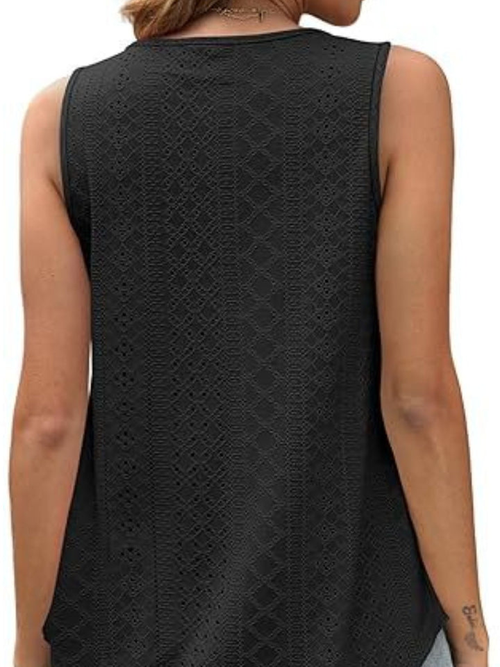Eyelet knit scoop neck flowy swing tank top