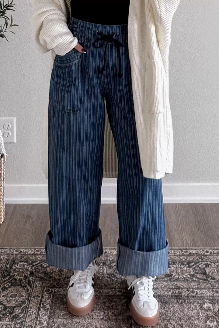 Pinstripe wide-leg drawstring denim with cuffed hem
