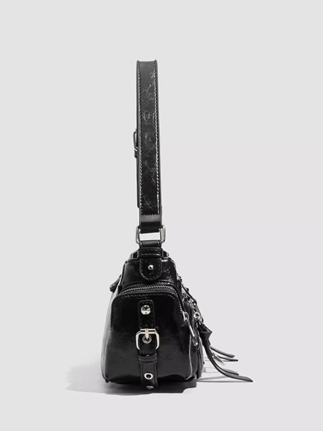 Studded moto shoulder bag with zip cargo pockets