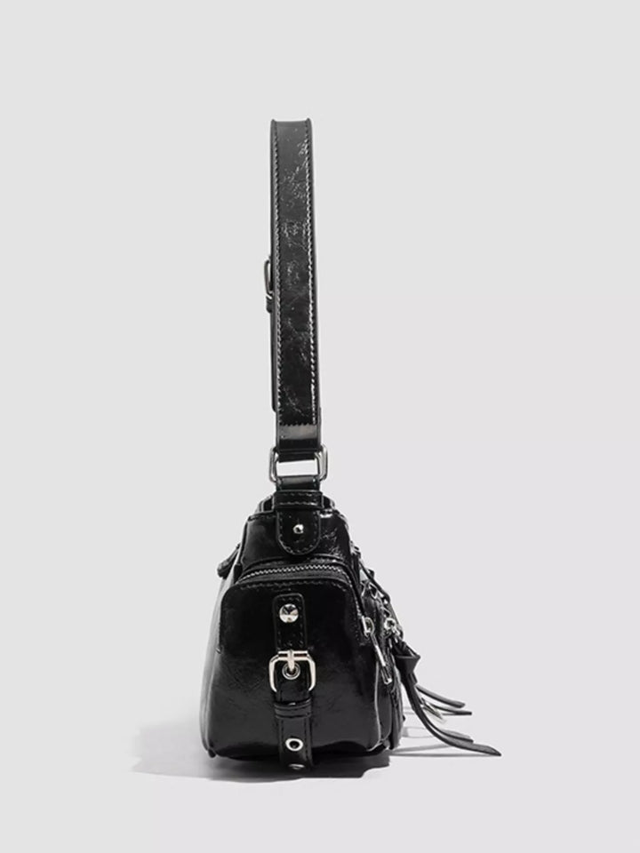 Studded moto shoulder bag with zip cargo pockets