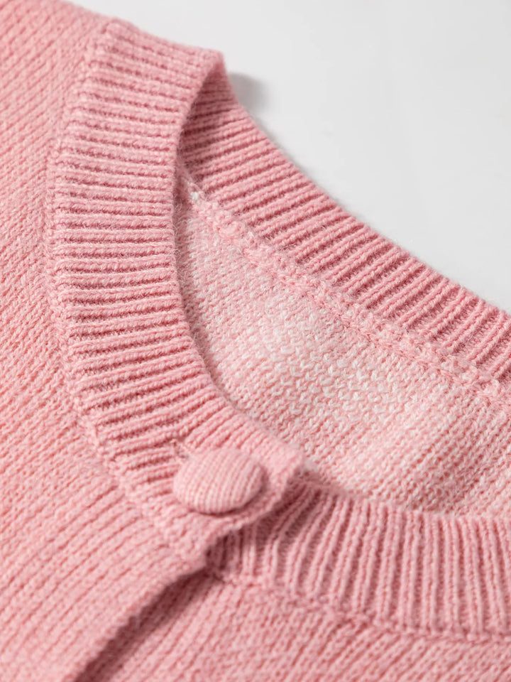 Heart pattern button-front knit cardigan with ribbed trim
