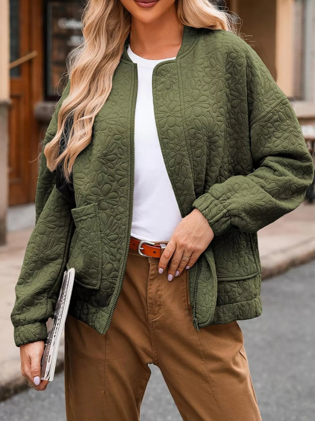 Olive Green Floral quilted zip-up bomber jacket with pockets