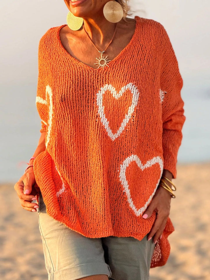 Orange Heart motif V-neck dropped-shoulder knit sweater