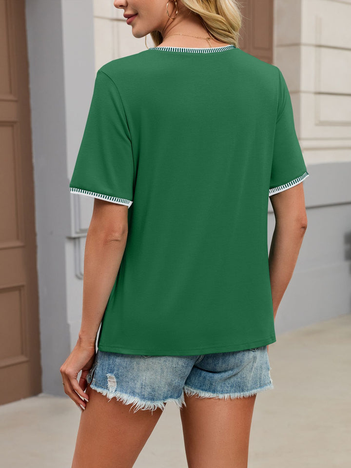 Contrast whipstitch trim short sleeve top with pintucks