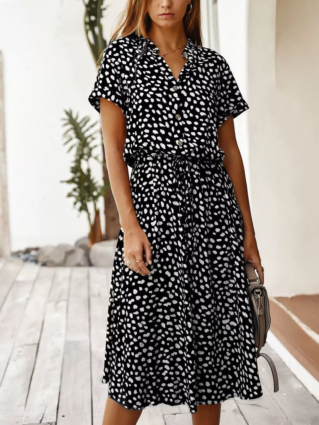 Navy Blue Animal print short sleeve midi shirt dress with tie waist