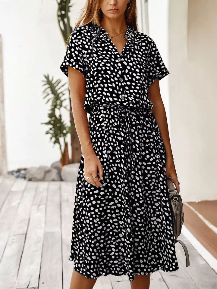 Navy Blue Animal print short sleeve midi shirt dress with tie waist