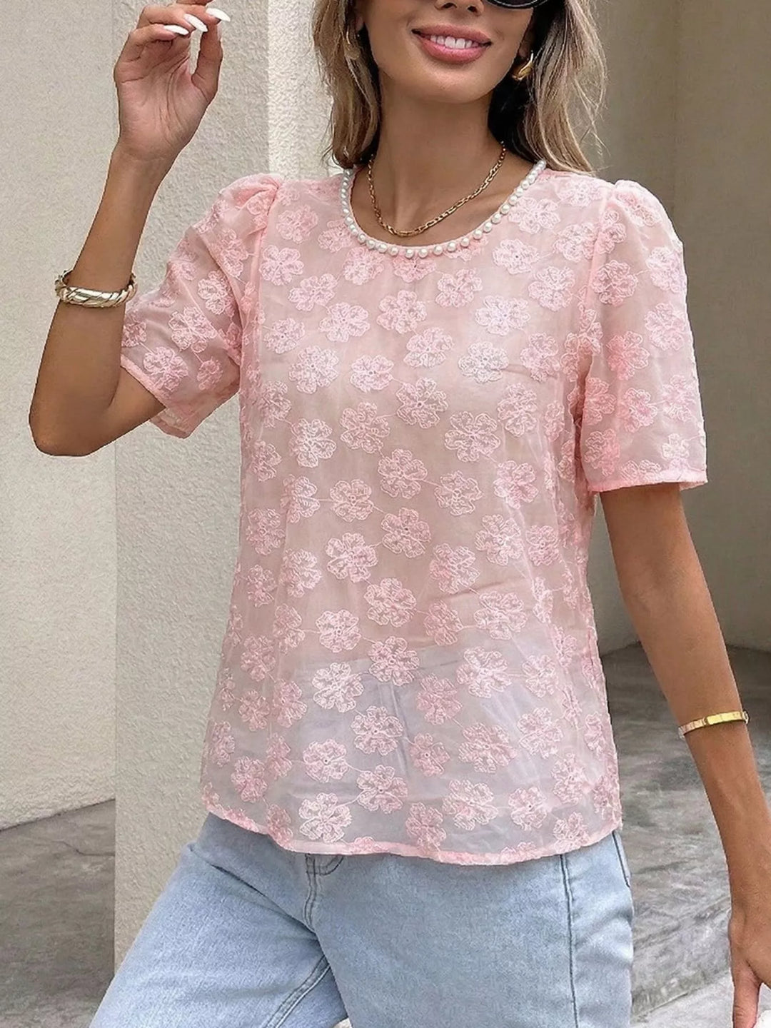 Sheer floral embroidered blouse with pearl-trim neckline