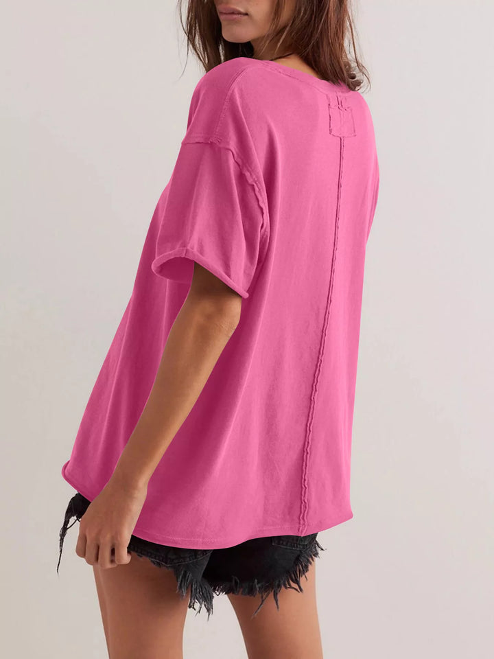 Drop-shoulder loose-fit crew neck tee with cuffed sleeves