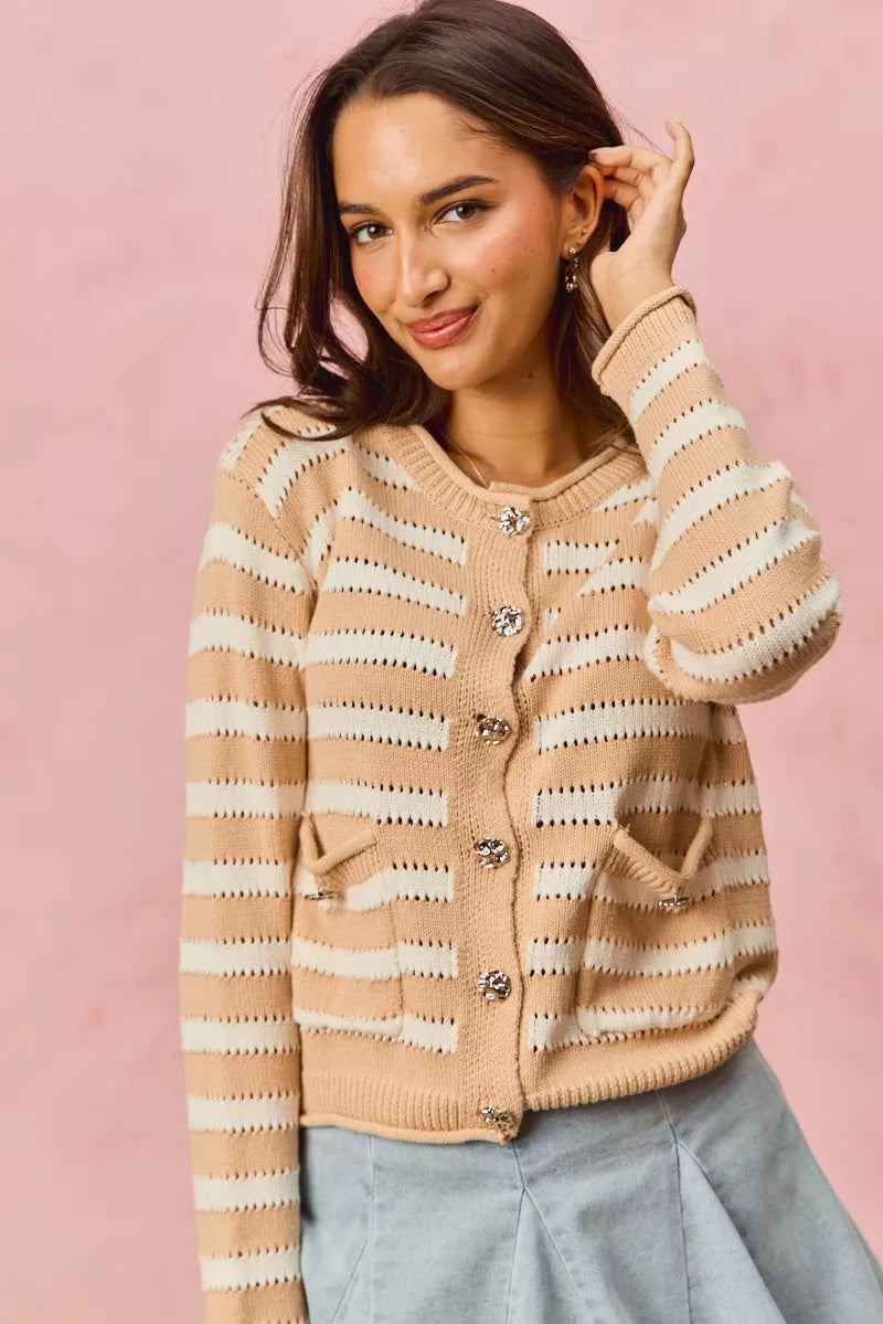 Striped openwork knit cardigan with jeweled buttons