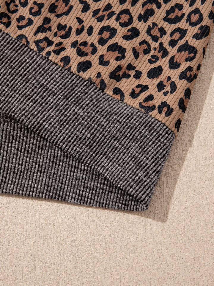 Ribbed leopard print half-zip hoodie with contrast hood