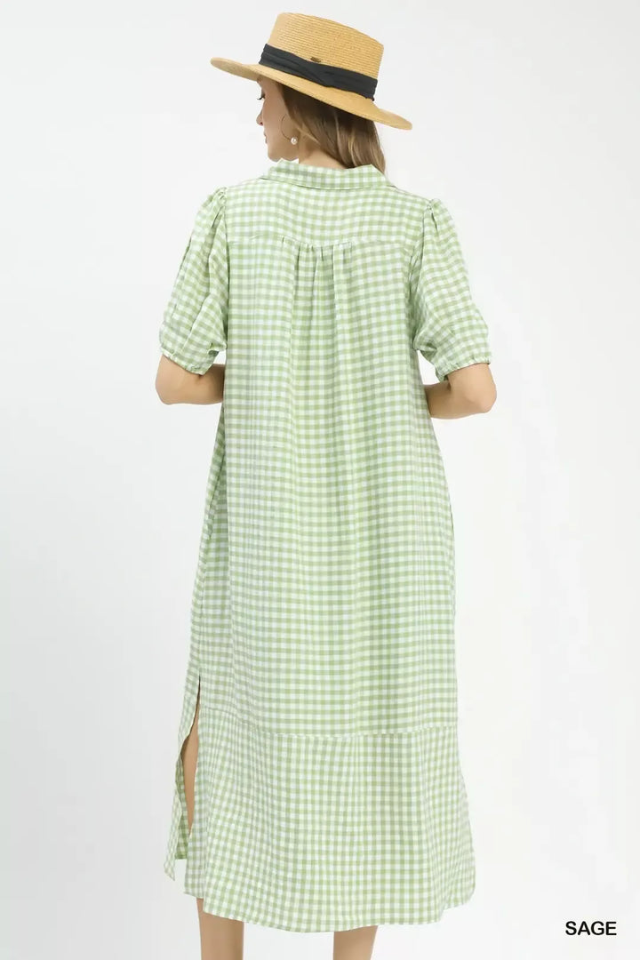 Gingham collared midi dress with tiered hem and pockets